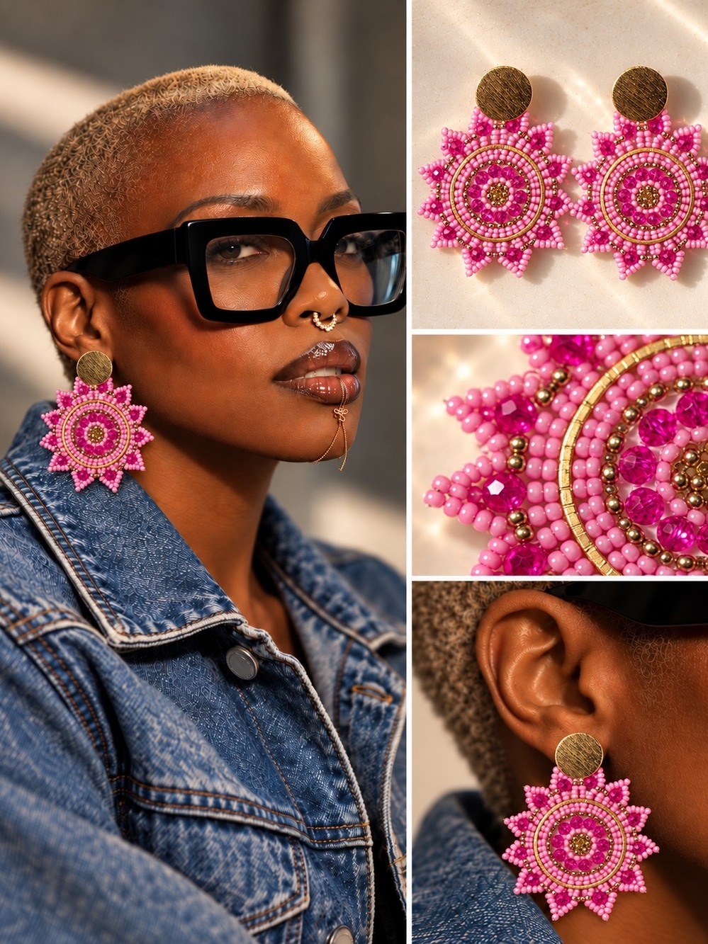 Handmade Pink Beaded Sunburst Earrings - Brand: